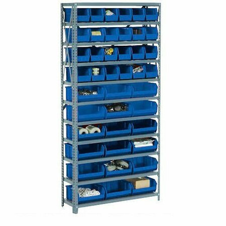GLOBAL INDUSTRIAL Steel Open Shelving with 60 Blue Plastic Stacking Bins 11 Shelves, 36x12x73 603252BL